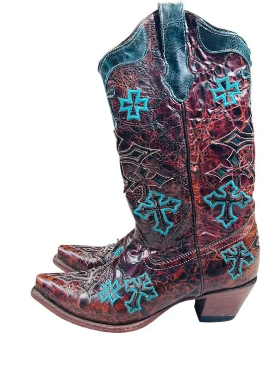 Corral Whiskey Turquoise Three Cross Snip Toe Boots 8.5M Women Brown Teal Wester - Picture 4 of 9
